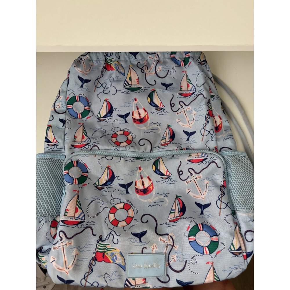 Vera Bradley Nautical Sailboat Drawstring Backpack Recycled Light Blue Bag